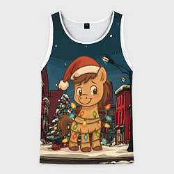 Майка-безрукавка мужская Лошадка в новогодней гирлянде, цвет: 3D-белый