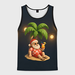 Майка-безрукавка мужская Санта чиллит под пальмой, цвет: 3D-черный