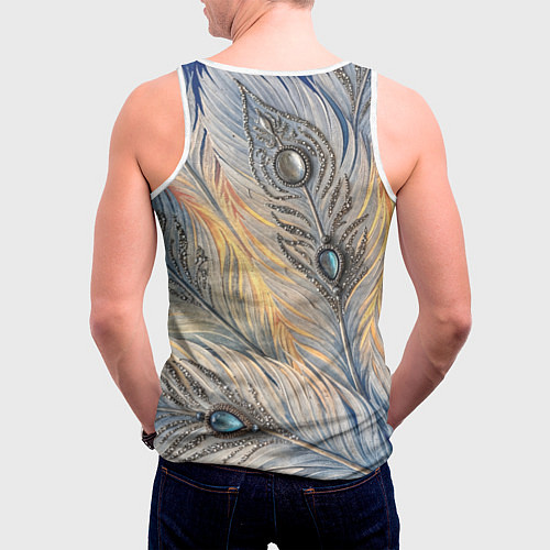 Мужская майка без рукавов Синие перья с самоцветами / 3D-Белый – фото 4