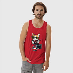 Майка мужская хлопок КРУТОЙ КОТ ГИТАРИСТ, цвет: красный — фото 2