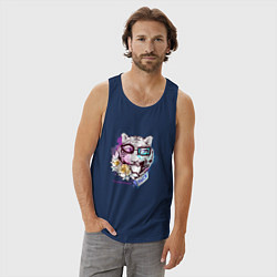 Майка мужская хлопок Голова тигра эмоциональная с цветами и в рубашке в, цвет: тёмно-синий — фото 2