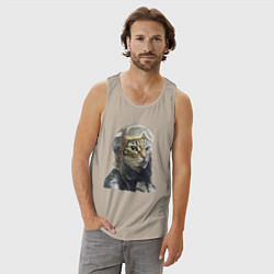 Майка мужская хлопок Кот - пилот The pilot Cat, цвет: миндальный — фото 2