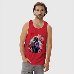 Майка мужская хлопок Такса-Самурай весенняя на фоне сакуры, цвет: красный — фото 2