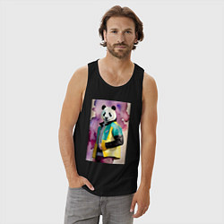 Майка мужская хлопок Панда в модной куртке - акварель, цвет: черный — фото 2