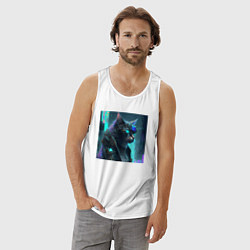 Майка мужская хлопок Кот киберпанк - нейросеть, цвет: белый — фото 2