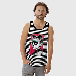 Майка мужская хлопок Cat girl in a mask - neural network - pop art, цвет: черная тельняшка — фото 2