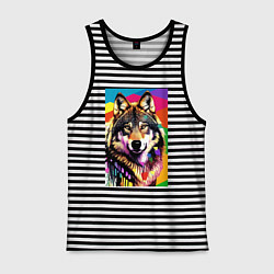 Майка мужская хлопок Красочный волк - поп-арт - нейросеть, цвет: черная тельняшка