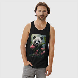 Майка мужская хлопок Панда в цветах под дождём - нейросеть, цвет: черный — фото 2