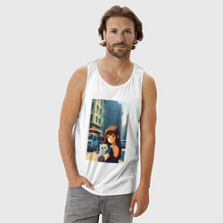 Майка мужская хлопок Городская девчонка с белым котёнком - аниме, цвет: белый — фото 2