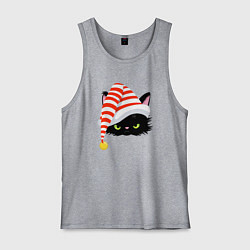 Майка мужская хлопок Новогодний черный кот в новогоднем колпаке, цвет: меланж