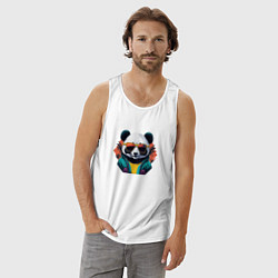 Майка мужская хлопок Стильная панда в очках, цвет: белый — фото 2