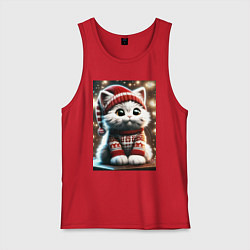 Майка мужская хлопок Котик в новогоднем свитере, цвет: красный