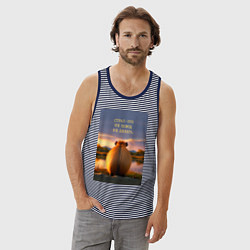 Майка мужская хлопок Капибара на берегу реки: страх это не повод не дел, цвет: синяя тельняшка — фото 2