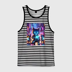 Майка мужская хлопок Продвинутые кибер котята - неоновое свечение, цвет: черная тельняшка