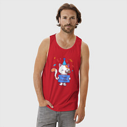 Майка мужская хлопок Котик поздравляет с днём рождения, цвет: красный — фото 2