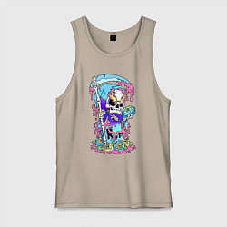 Майка мужская хлопок Смерть в балахоне сидит на надгробии, цвет: миндальный