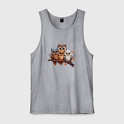 Майка мужская хлопок Четыре совы на ветке, цвет: меланж