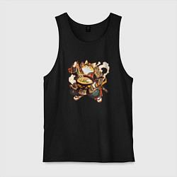 Майка мужская хлопок Кот самурай и лапша, цвет: черный