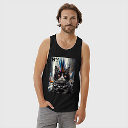 Майка мужская хлопок Кот панк с разноцветным хаером - Нью-Йорк, цвет: черный — фото 2