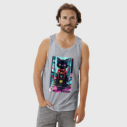 Майка мужская хлопок Котёнок в мегаполисе - киберпанк, цвет: меланж — фото 2