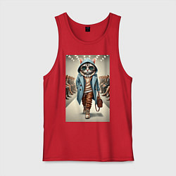 Майка мужская хлопок Модный кот в очках на дефиле животных, цвет: красный