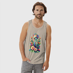 Майка мужская хлопок Голубая птица с хохолком среди цветов, цвет: миндальный — фото 2