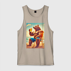 Мужская майка Bear bodybuilder with a cup of beer on a beach - a