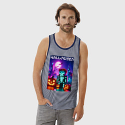 Майка мужская хлопок Pumpkin and skeleton - neon glow, цвет: синяя тельняшка — фото 2