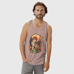 Майка мужская хлопок Волк в лесу в японском стиле, цвет: пыльно-розовый — фото 2