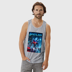 Майка мужская хлопок Ёжик монстр в ночном мегаполисе - неоновое свечени, цвет: меланж — фото 2