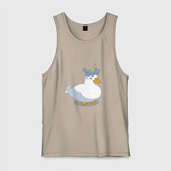 Майка мужская хлопок Милая уточка гусь с цветочком на голове, цвет: миндальный