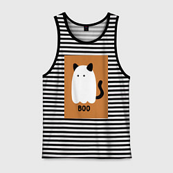 Майка мужская хлопок Котик-призрак на хэллоуин, цвет: черная тельняшка