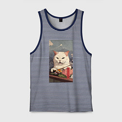 Майка мужская хлопок Cat meme - japan style, цвет: синяя тельняшка