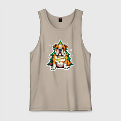 Мужская майка Новогодний бульдог запутался в гирлянде