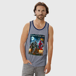 Майка мужская хлопок Разговор Бэтмена и человека паука на капоте автомо, цвет: синяя тельняшка — фото 2