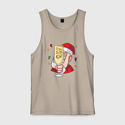 Майка мужская хлопок Счастливый дед мороз с шампанским, цвет: миндальный