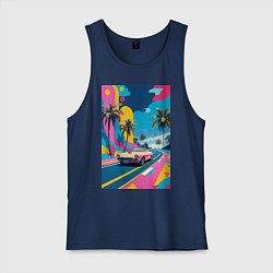 Майка мужская хлопок Кабриолет едет по тропическому острову в стиле Куб, цвет: тёмно-синий