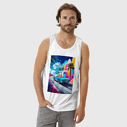 Майка мужская хлопок Кабриолет едет по тропическому острову, цвет: белый — фото 2