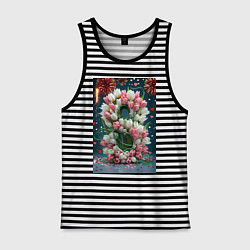 Майка мужская хлопок Тюльпаны к празднику 8 марта, цвет: черная тельняшка