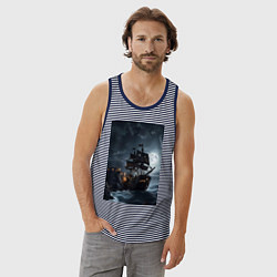 Майка мужская хлопок Пиратский корабль в шторм, цвет: синяя тельняшка — фото 2