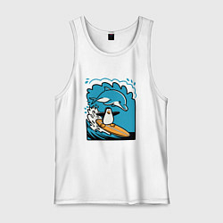 Майка мужская хлопок Пингвин покорил волну, цвет: белый