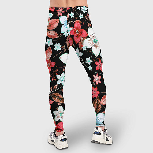 Мужские тайтсы Красно-белые цветы на чёрном фоне / 3D-принт – фото 4