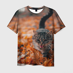 Мужская футболка Мяукающий кот осенние листья