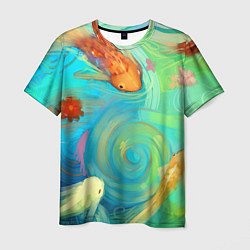 Мужская футболка Золотые рыбы в море абстракции