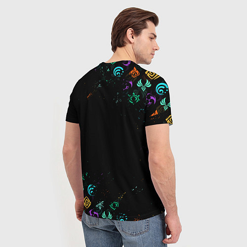 Мужская футболка GENSHIN IMPACT NEON LOGO RAINBOW STYLE, ЭМБЛЕМЫ / 3D-принт – фото 4