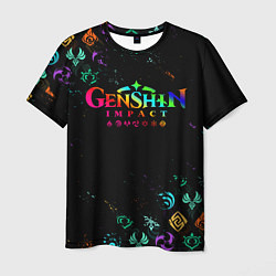 Мужская футболка GENSHIN IMPACT NEON LOGO RAINBOW STYLE, ЭМБЛЕМЫ