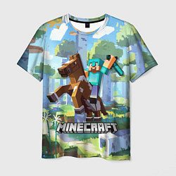 Мужская футболка Майнкрафт на коне в березовом лесу