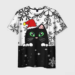 Мужская футболка Новогодний кот в колпаке Санты