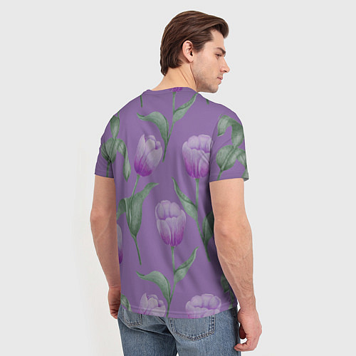 Мужская футболка Фиолетовые тюльпаны с зелеными листьями / 3D-принт – фото 4