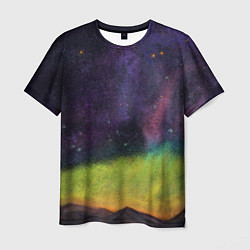 Мужская футболка Горный пейзаж со звёздным небом и северным сиянием